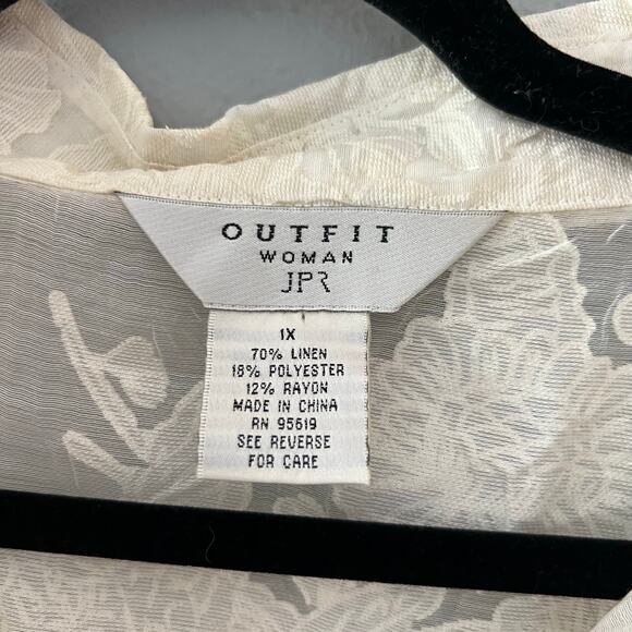 Outfit Woman Sheer Button Down Blouse 1X White Floral Embroidered Feminine Linen - Picture 4 of 6